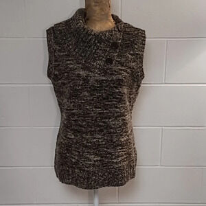 Mock Cowl Neck Sweater Vest Top Jacket Shell Tan Button Detail Fall Chunky look